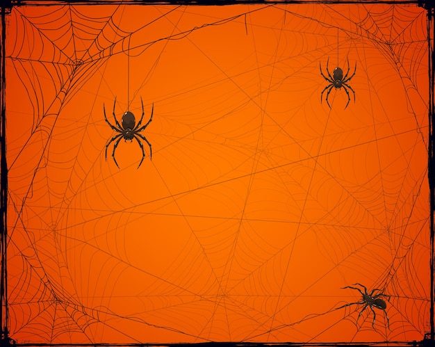 Vetor fundo laranja de halloween com aranhas e teias de aranha, ilustração.