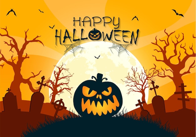 Fundo laranja do Halloween com árvore assustadora e abóboras assustadoras contra lua cheia