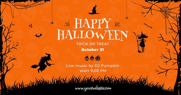 Fundo laranja para celebração de Halloween e cartaz de evento de DJ e modelo de postagem de mídia social