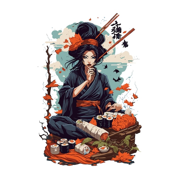 Fundo limpo do tema Helloween, uma bruxa enrolada em um grande rolo de ilustração de sushi e pauzinhos