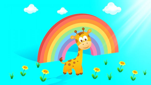 Vetor fundo lindo arco-íris com girafa bebê fofo