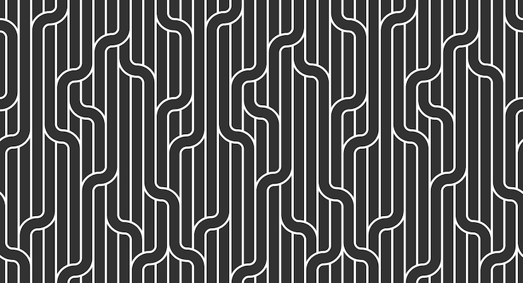 Vetor fundo linear sem costura com linhas torcidas, padrão geométrico abstrato de vetor, tecelagem listrada, labirinto óptico, rede da web. design preto e branco.