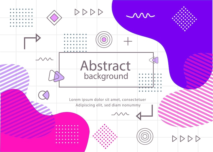 Vetor fundo líquido de memphis abstrato azul violeta com linhas roxas amarelas e círculos de formas geométricas