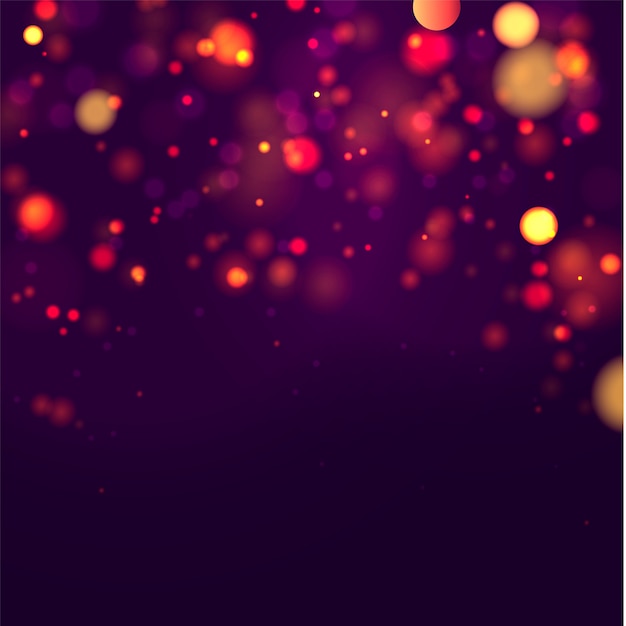 Fundo luminoso festivo roxo e dourado com luzes coloridas bokeh. cartão do conceito. Cartaz de férias mágicas, banner. Noite brilhante ouro cintilando Resumo de luz