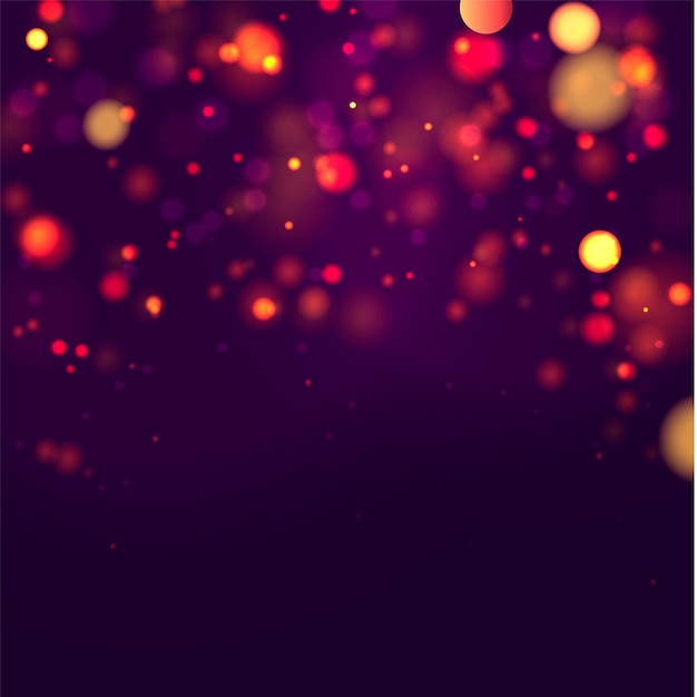 Fundo luminoso festivo roxo e dourado com luzes coloridas bokeh. cartão do conceito. cartaz de férias mágicas, banner. noite brilhante ouro cintilando resumo de luz