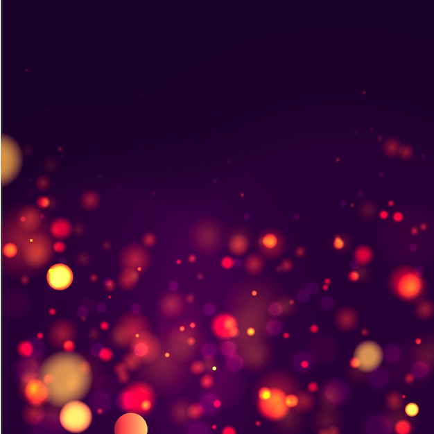 Fundo luminoso roxo e dourado festivo com bokeh luzes coloridas. cartão de conceito. Cartaz de férias mágicas, banner. Noite ouro brilhante brilha luz resumo