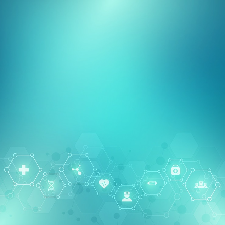Vetor fundo médico abstrato com ícones e símbolos lisos. modelo de design com conceito e ideia para tecnologia de saúde, medicina de inovação, saúde, ciência e pesquisa.
