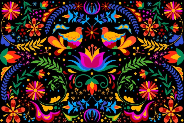 Vetor fundo mexicano colorido com flores e pássaros