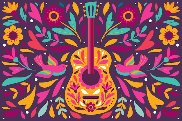 Vetor fundo mexicano colorido com guitarra