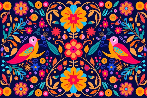 Fundo mexicano colorido com ilustração vetorial de design plano de flores e pássaros
