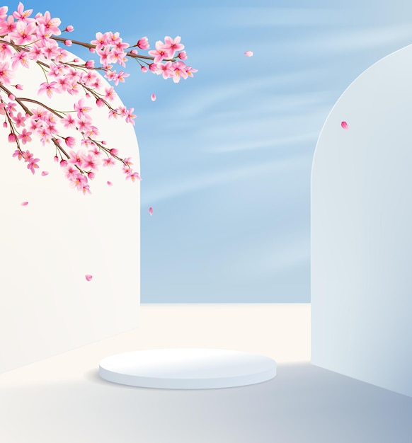 Fundo minimalista com um pedestal contra o pano de fundo de paredes brancas e céu de verão. plataforma de exposição de produtos com flores decorativas em rosa.