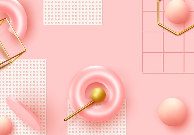 Fundo mínimo abstrato criativo. Composição com objetos 3d realistas. Pano de fundo com formas geométricas. Banner moderno, pôster da web. Cores suaves de rosa pastel e coral. ilustração vetorial
