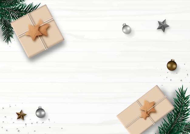 Fundo mínimo de Natal com caixa de presente na vista superior do design de estilo artesanal.