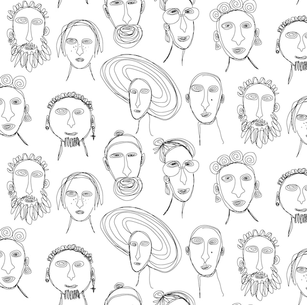 Fundo moderno sem costura de rostos de pessoas esboçados em pano de fundo branco retratos de arte de linha