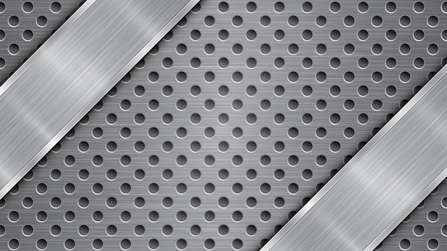 Vetor fundo na cor cinza, composto por uma superfície metálica perfurada com orifícios e uma placa polida com textura metálica, reflexos e bordas brilhantes