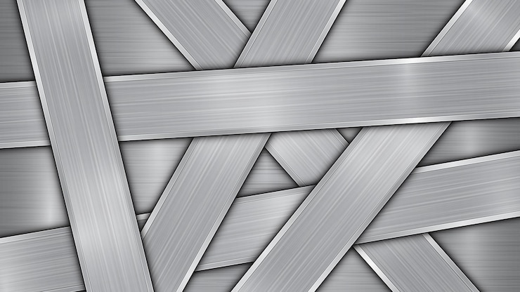 Vetor fundo nas cores prata e cinza composto por uma superfície metálica brilhante e várias placas polidas que se cruzam aleatoriamente com uma textura de metal brilhos e bordas polidas