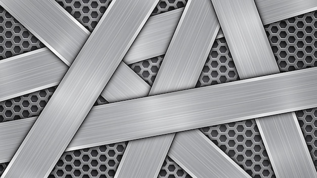 Vetor fundo nas cores prata e cinza, consistindo de uma superfície metálica perfurada com orifícios e várias placas polidas cruzadas dispostas aleatoriamente com uma textura de metal, reflexos e bordas brilhantes