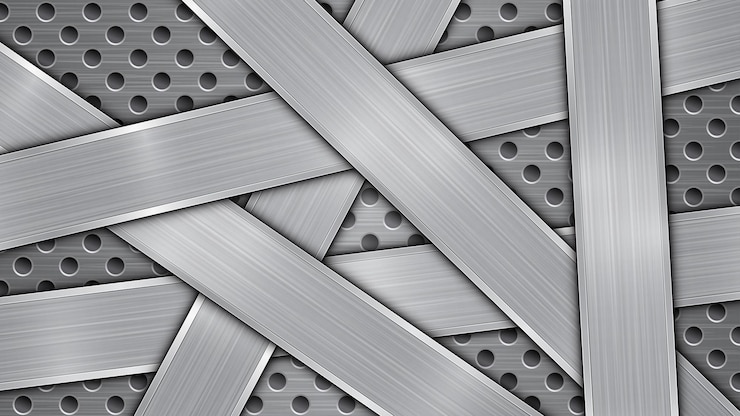 Vetor fundo nas cores prata e cinza, consistindo de uma superfície metálica perfurada com orifícios e várias placas polidas cruzadas dispostas aleatoriamente com uma textura de metal, reflexos e bordas brilhantes