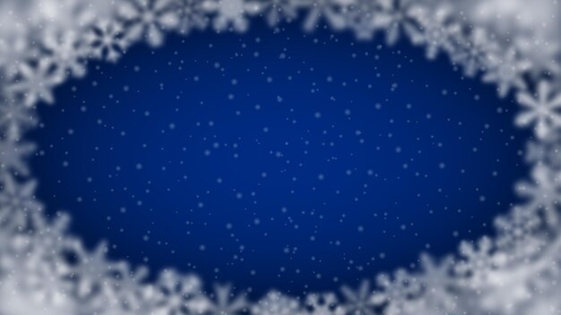 Fundo natalício de flocos de neve de diferentes formas e transparência dispostas em elipse sobre fundo azul