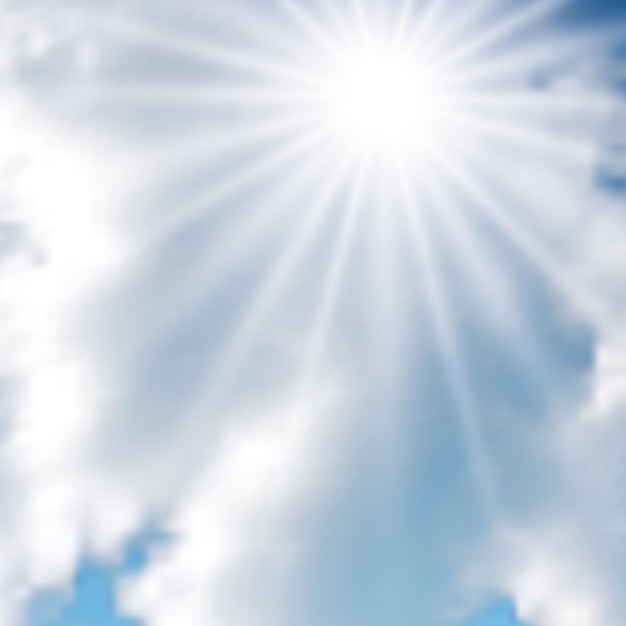 Vetor fundo natural com nuvens e sol no céu azul nuvem realista no pano de fundo azul ilustração vetorial