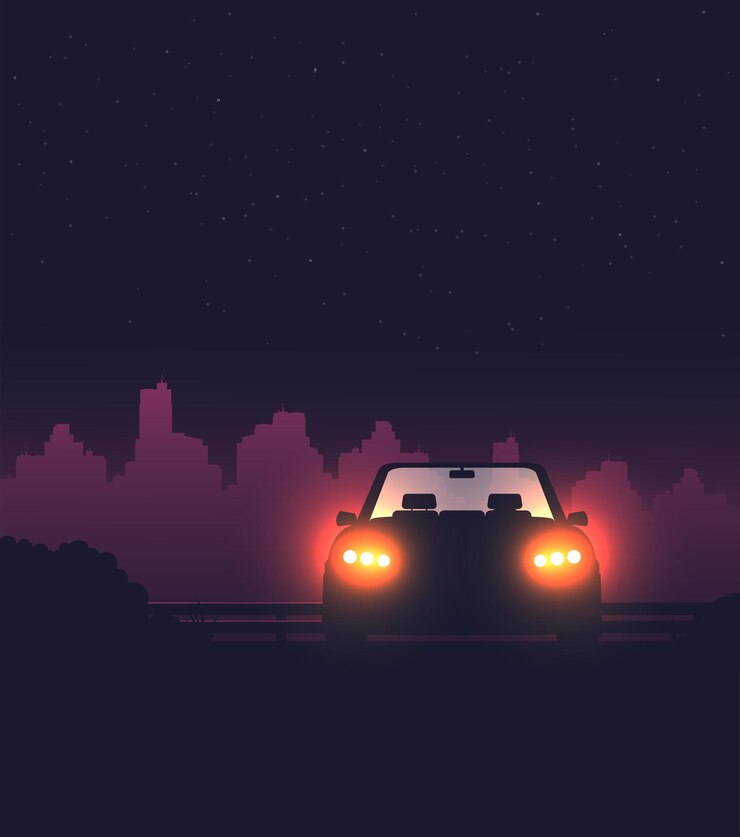 Vetor fundo noturno com ilustração plana de vetor de carro