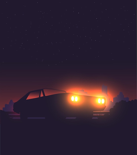 Vetor fundo noturno com ilustração plana de vetor de carro