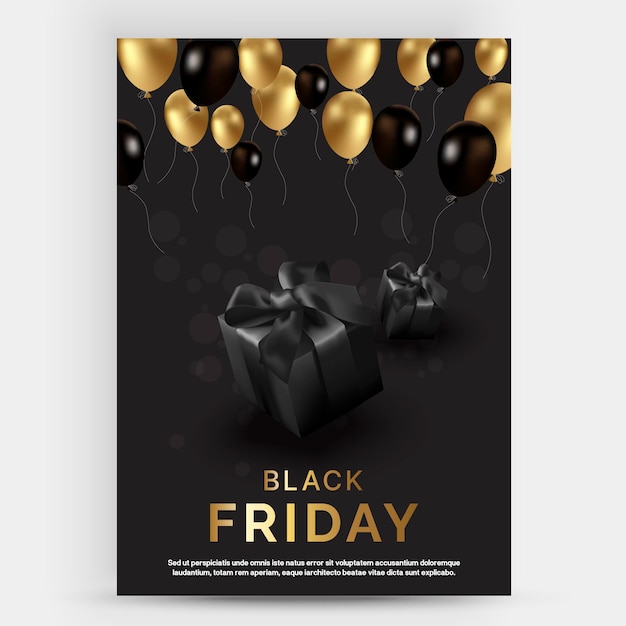 Vetor fundo para a sexta-feira negra com uma caixa de presentes adornada com balões de design vetorial realista 3d