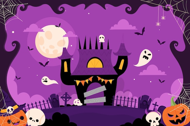 Vetor fundo plano de halloween com casa assombrada