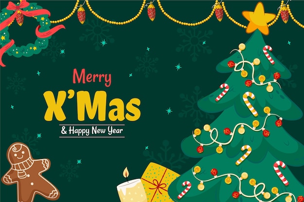 Fundo plano de temporada de natal com homem-biscoito e árvore