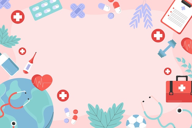 Fundo plano desenhado à mão para o Dia Mundial da Saúde com elementos médicos