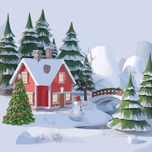 Fundo plano para a estação de inverno com neve e projeto de modelo de casa