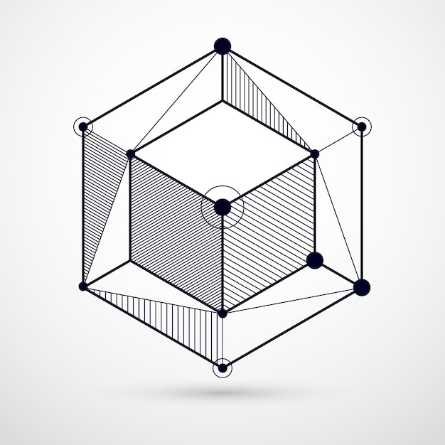 Fundo preto e branco abstrato isométrico com formas de cubo dimensional linear, elementos de malha 3d do vetor. layout de cubos, hexágonos, quadrados, retângulos e diferentes elementos abstratos.