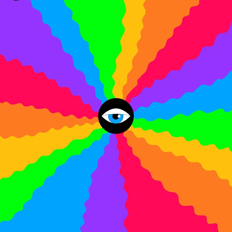 Vetor fundo psicodélico com raios coloridos e um olho no centro