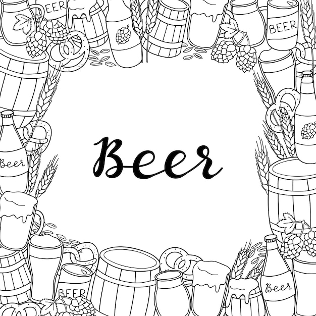 Fundo quadrado com itens de cerveja desenhados à mão