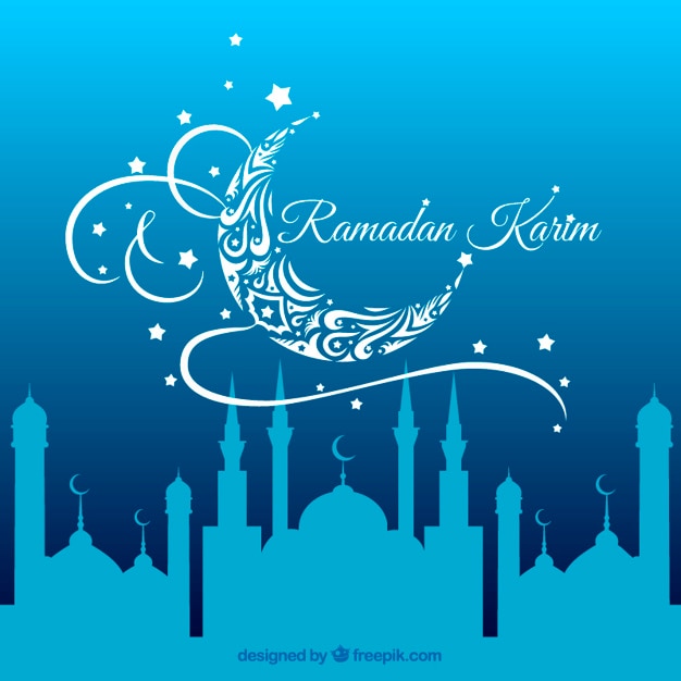 Vetor fundo ramadan azul com uma mesquita silhuetas