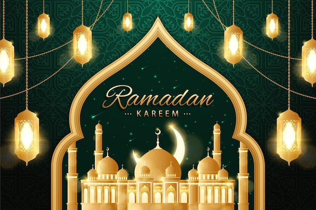 Fundo realista do ramadã com mesquita e lanterna