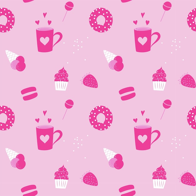 Vetor fundo rosa com padrão perfeito de doces e café