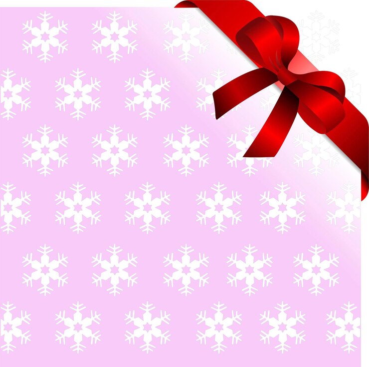 Vetor fundo rosa de flocos de neve com fita vermelha e arco lugar para copytext
