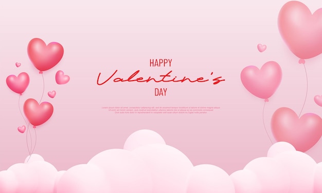 Fundo rosa e branco para o dia dos namorados com alguns balões em forma de coração rosa flutuando nas nuvens ao fundo