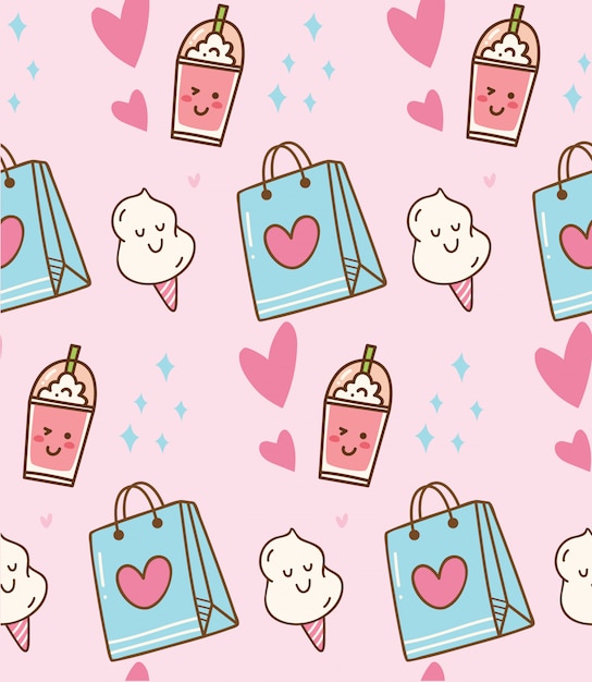 Fundo rosa kawaii com saco de presente e algodão doce