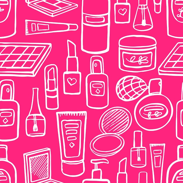 Vetor fundo rosa transparente com uma variedade de cosméticos e produtos para o cuidado do corpo. ilustração desenhada à mão