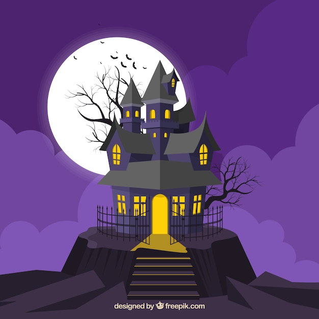 Fundo roxo com casa assombrada