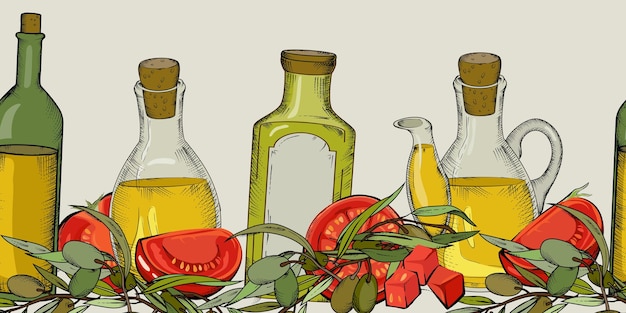 Fundo sem costura com azeitonas tomate e azeite em garrafas vetor
