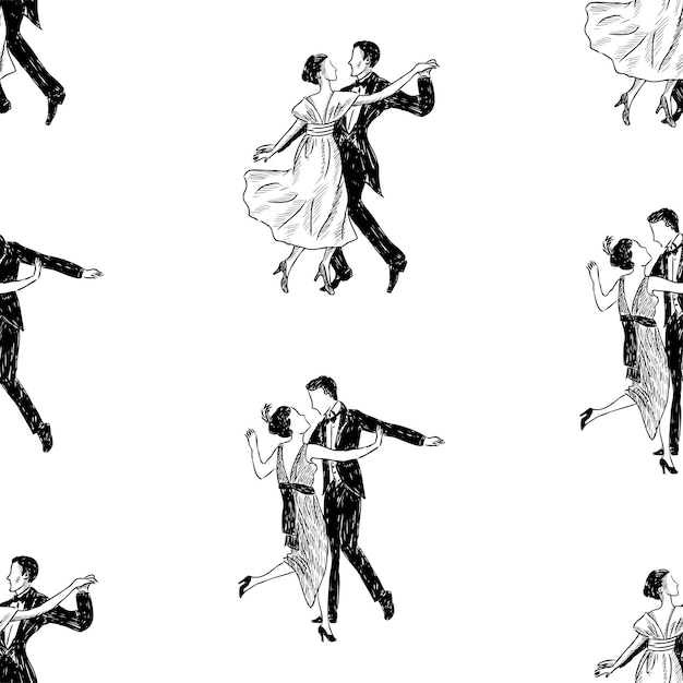 Vetor fundo sem costura de esboços de casais de dança vintage pessoas elegantes