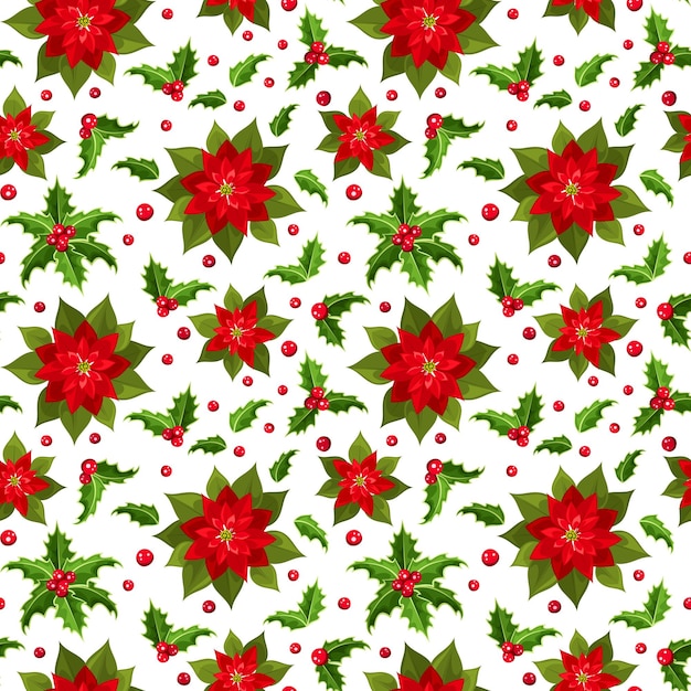 Vetor fundo sem costuras de natal com poinsettias vermelhas e holly em branco