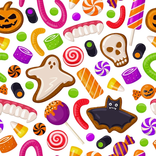 Fundo sem emenda de halloween padrão de vetor de biscoitos e pirulitos de férias