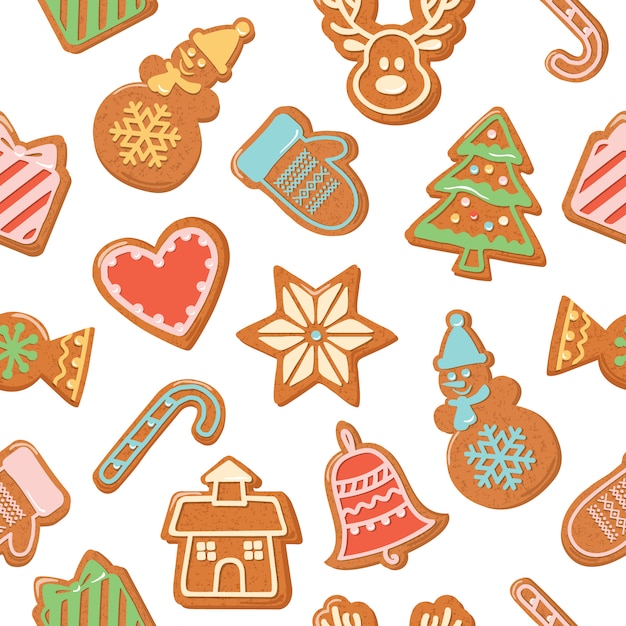 Fundo sem emenda de Natal. Biscoitos de gengibre coloridos.