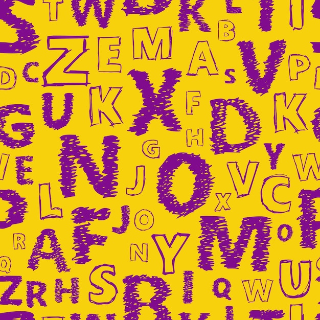 Vetor fundo sem emenda do alfabeto doodle. padrão de vetor sem fim com letras roxas em um fundo amarelo.