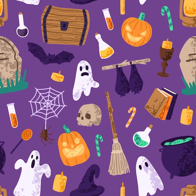 fundo sem fim de Halloween com símbolos assustadores de férias de outono padrão repetível de fantasmas de Halloween abóboras assustadoras livros mágicos espantosos espíritos planos desenhos vetoriais desenhados à mão