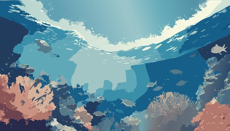Vetor fundo subaquático com corais e peixes ilustração vetorial